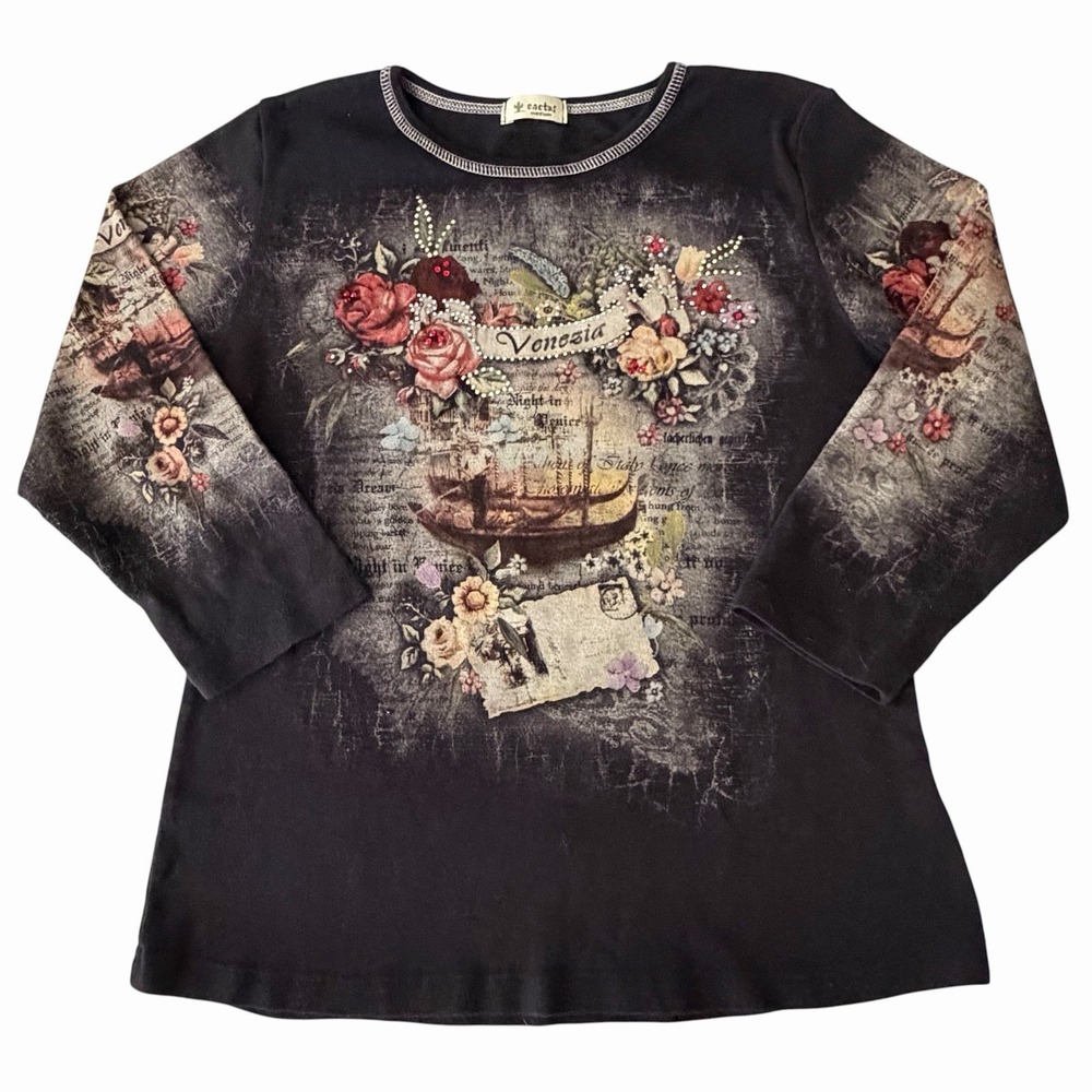 Vintage Cactus Venezia Top M• Gondola Victorian Bedazzled Fairycore Rhinestones